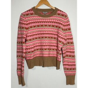 J.Crew Sweater Women Large Pink Heart Fair Isle Lambswool Blend Brown Pullover